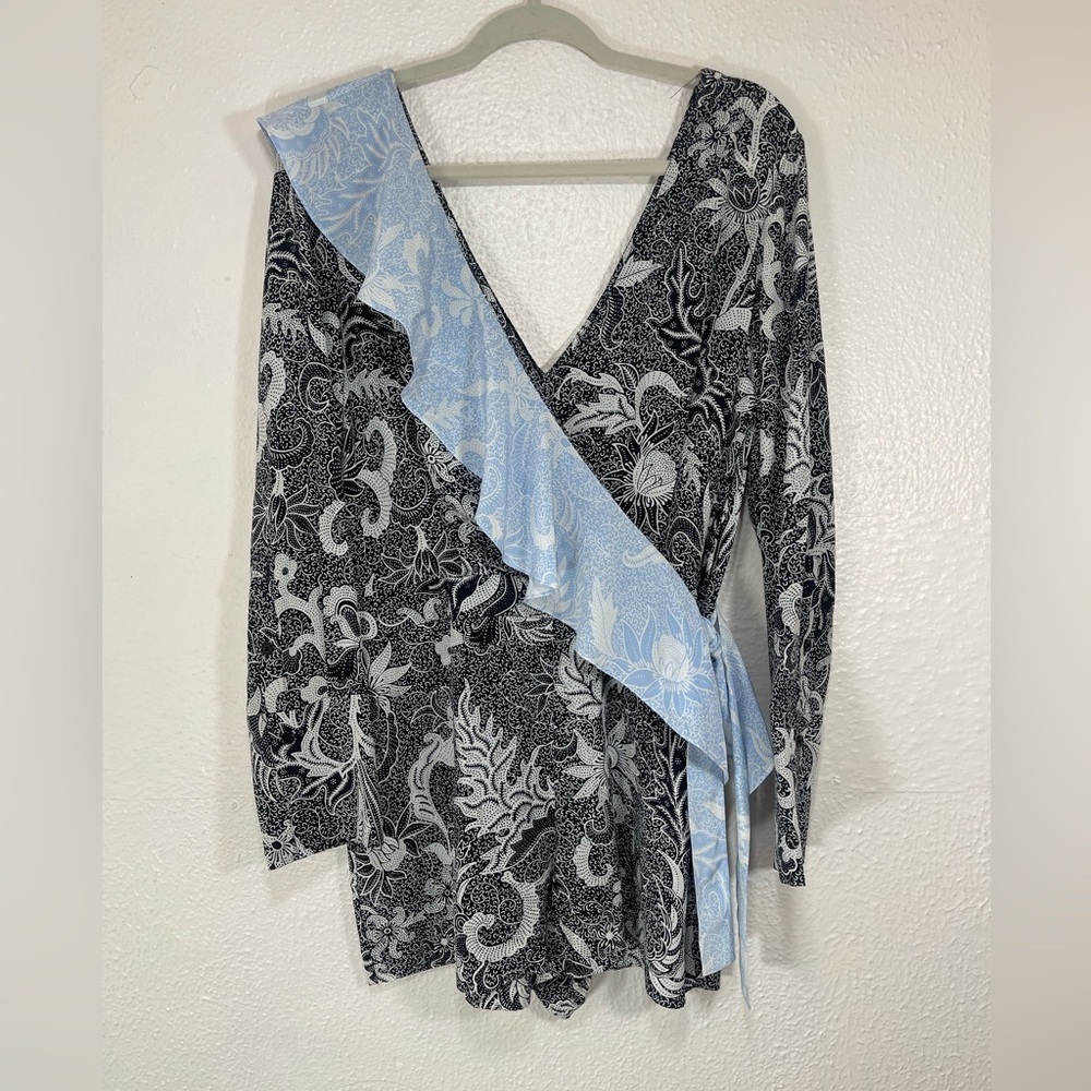 Diane Von Furstenberg 100% Silk Romper Serret Black Blue Hortensia Women’s 10